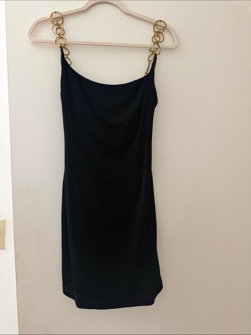 Nana Jacqueline Black Mini Dress with Gold Chain Straps